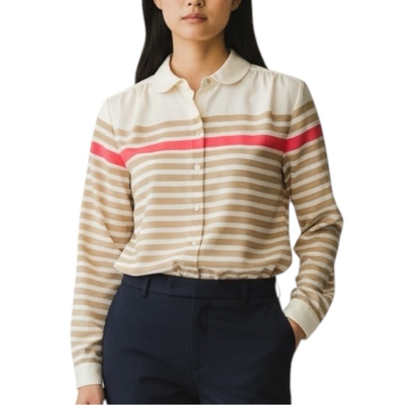 Talbots Tops - TALBOTS Button Up Stripped Blouse w/ Peter Pan Collar in Tan/Ivory/Pink Size 4
